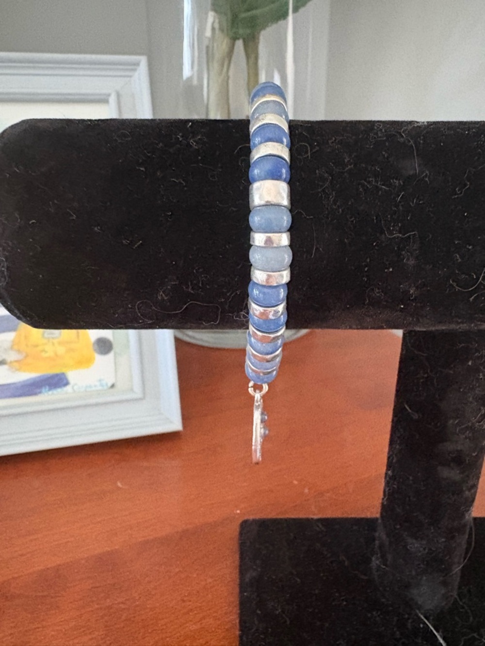 Chico's Blue and Silver Beaded Stretch Bracelet with Charm